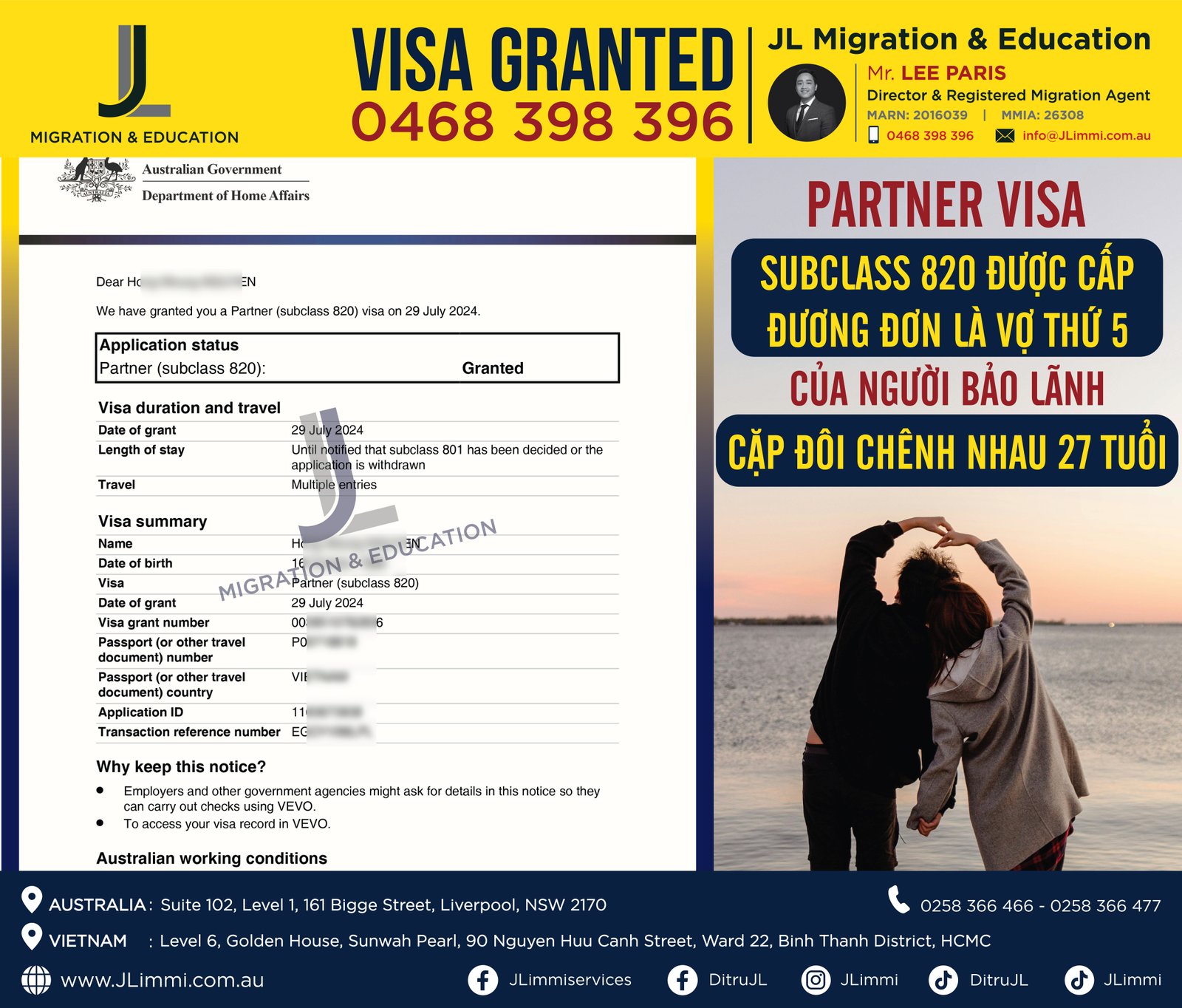 Partner visa subclass 820 được cấp - đương đơn là vợ thứ 5 của người bảo lãnh